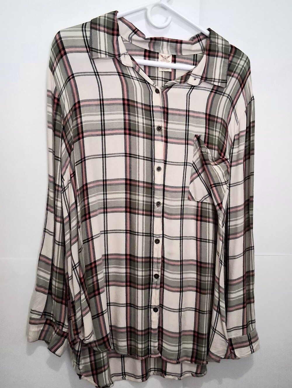 Faded Glory Women's White and Green Plaid Button-Down Shirt Plus Size 20 Fit 1X